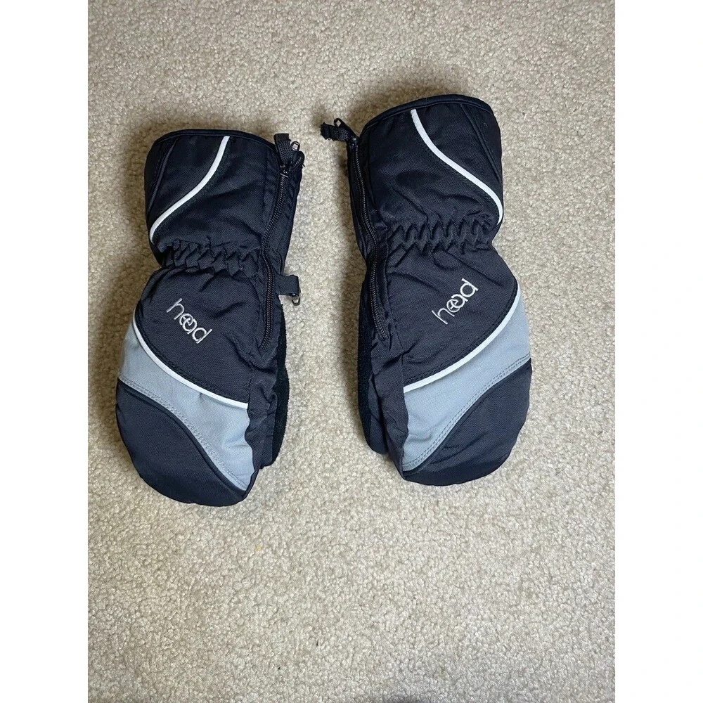 Head Junior Kids Ski Mittens Size Small Black Gray Side Zipper Faux Fur Lined
